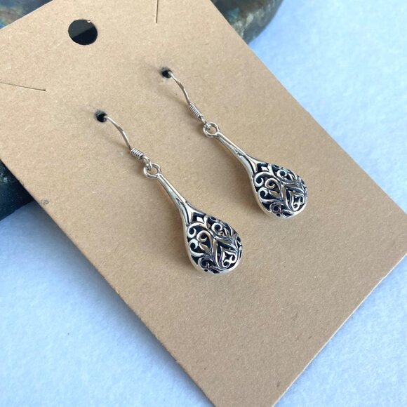 Sterling Silver 925 Hollow Pierced Filigree Scrollwork Teardrop Dangle Earrings - Picture 9 of 15